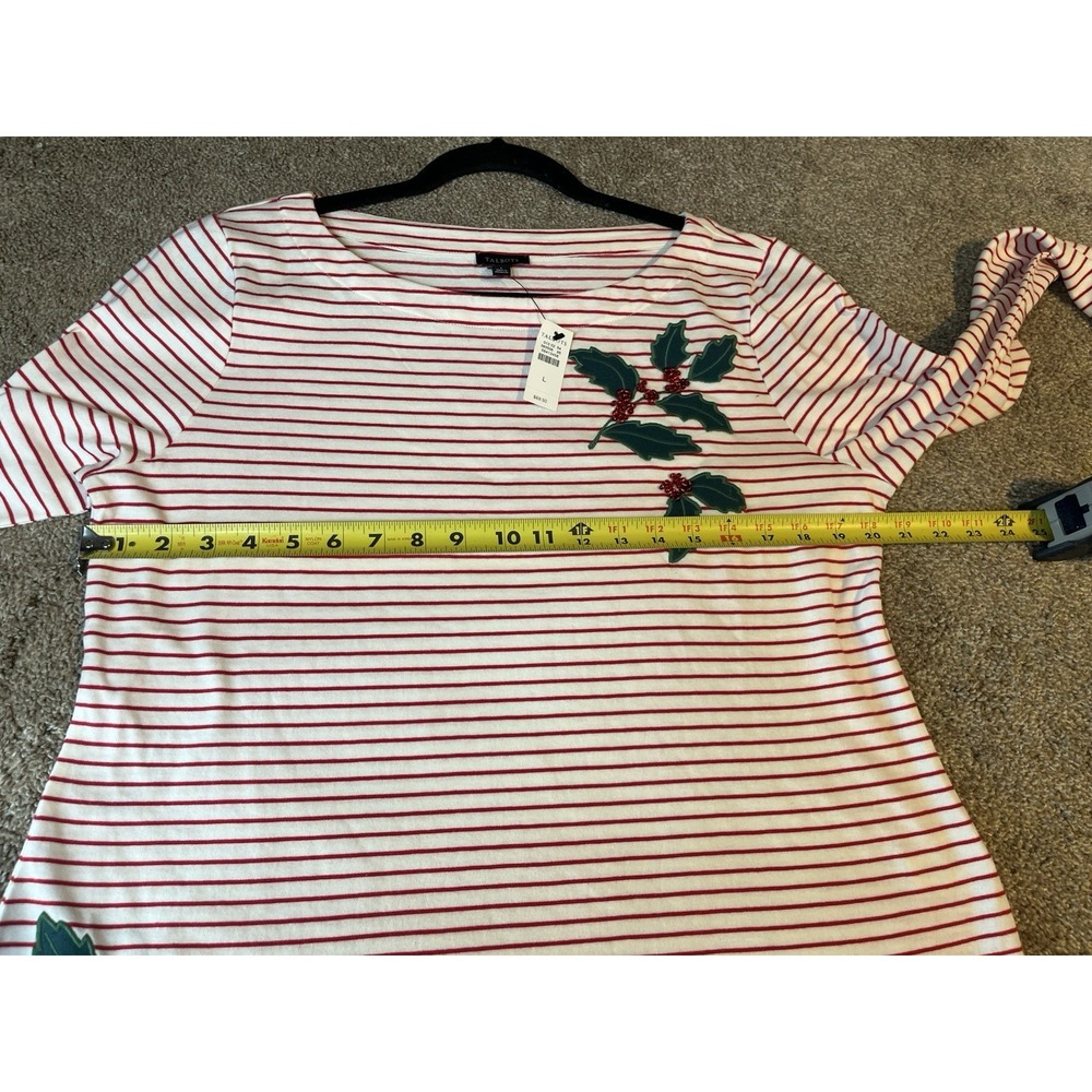 NWT Talbots EMBROIDERED BATEAU NECK TEE - HOLLY BERRY Red & White STRIPE L Xmas - Picture 6 of 6